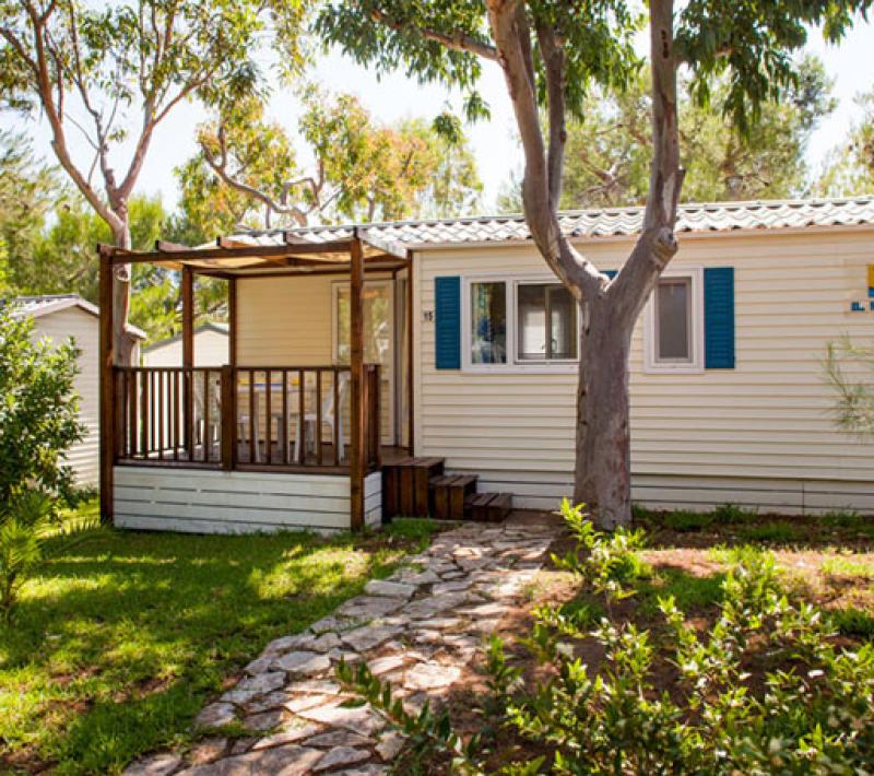 Casa mobile con veranda in legno, immersa nella natura con giardino e sentiero.