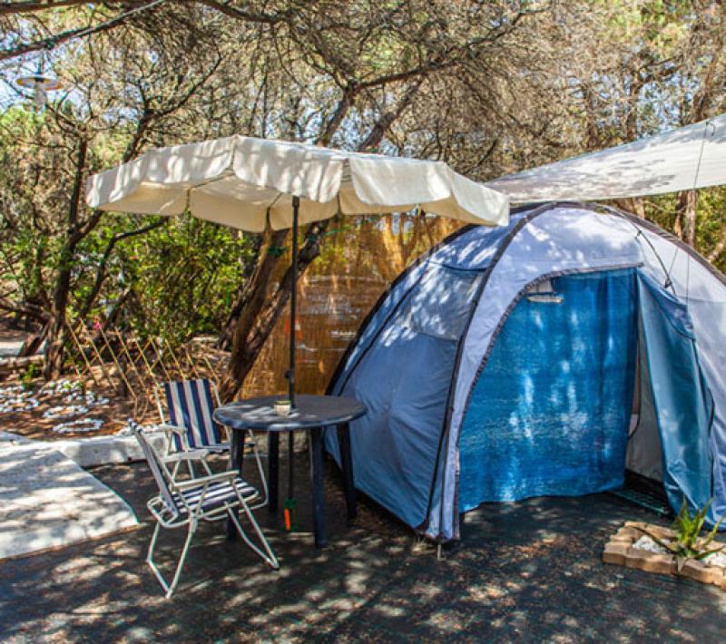 Tenda da campeggio con sedie e ombrellone in un'area ombreggiata tra gli alberi.